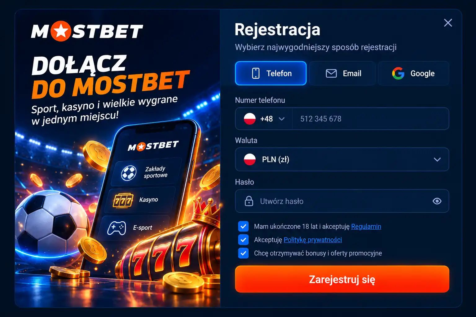 Formularz rejestracji Mostbet – trzy opcje